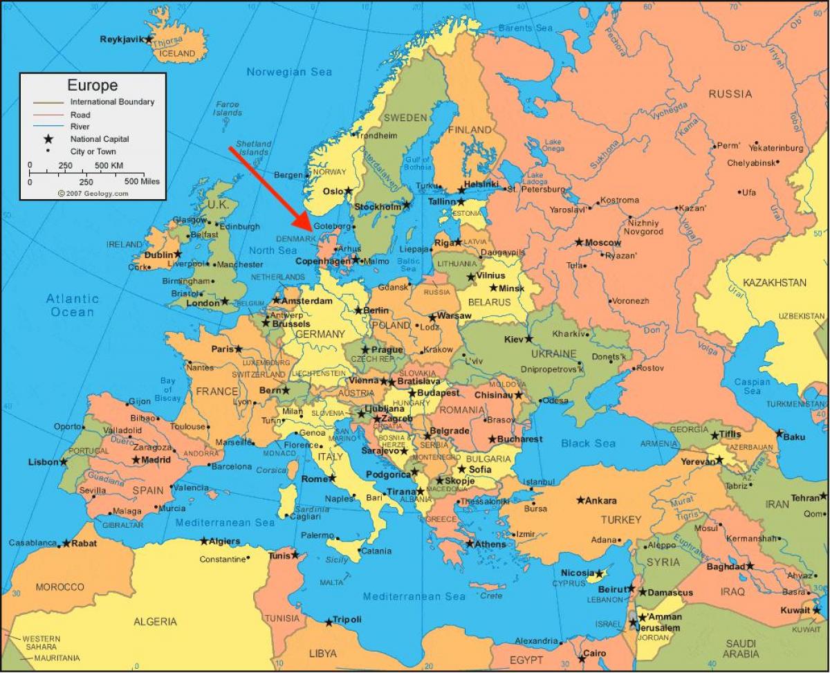 موقع الدنمارك على خريطة شمال أوروبا